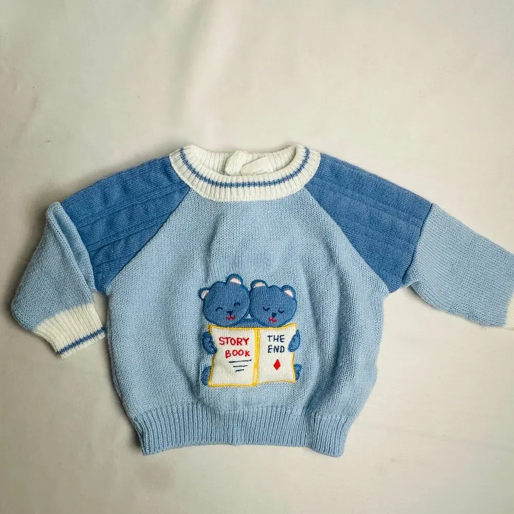 Vintage Story Book Teddy Bears Sweater Blue Knit 2pc Set Outfit Sz 3 mo